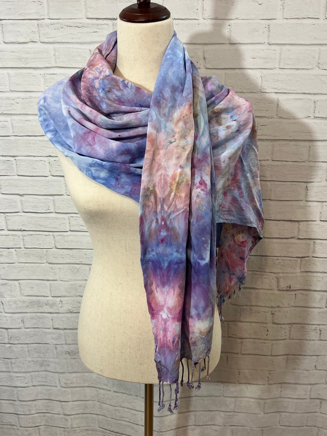 Watercolor impressionist style pastel scarf with tassels ice dye tie dye 3 short dogs