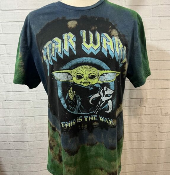 Reverse Tie Dye This Is the Way The Child Shirt, OOAK, Blue and Green Bullseye, Graphic Tee, Unisex Mens Large