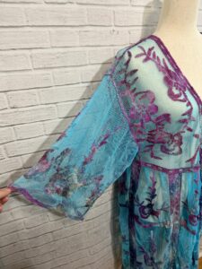 Lace Kimono Jacket, OOAK Blue and Purple Ice Dyed Tie Dye, One of a Kind, One Size Topper, Feminine Boho Festival Style