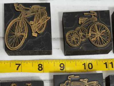 Vintage letterpress printing press blocks bike